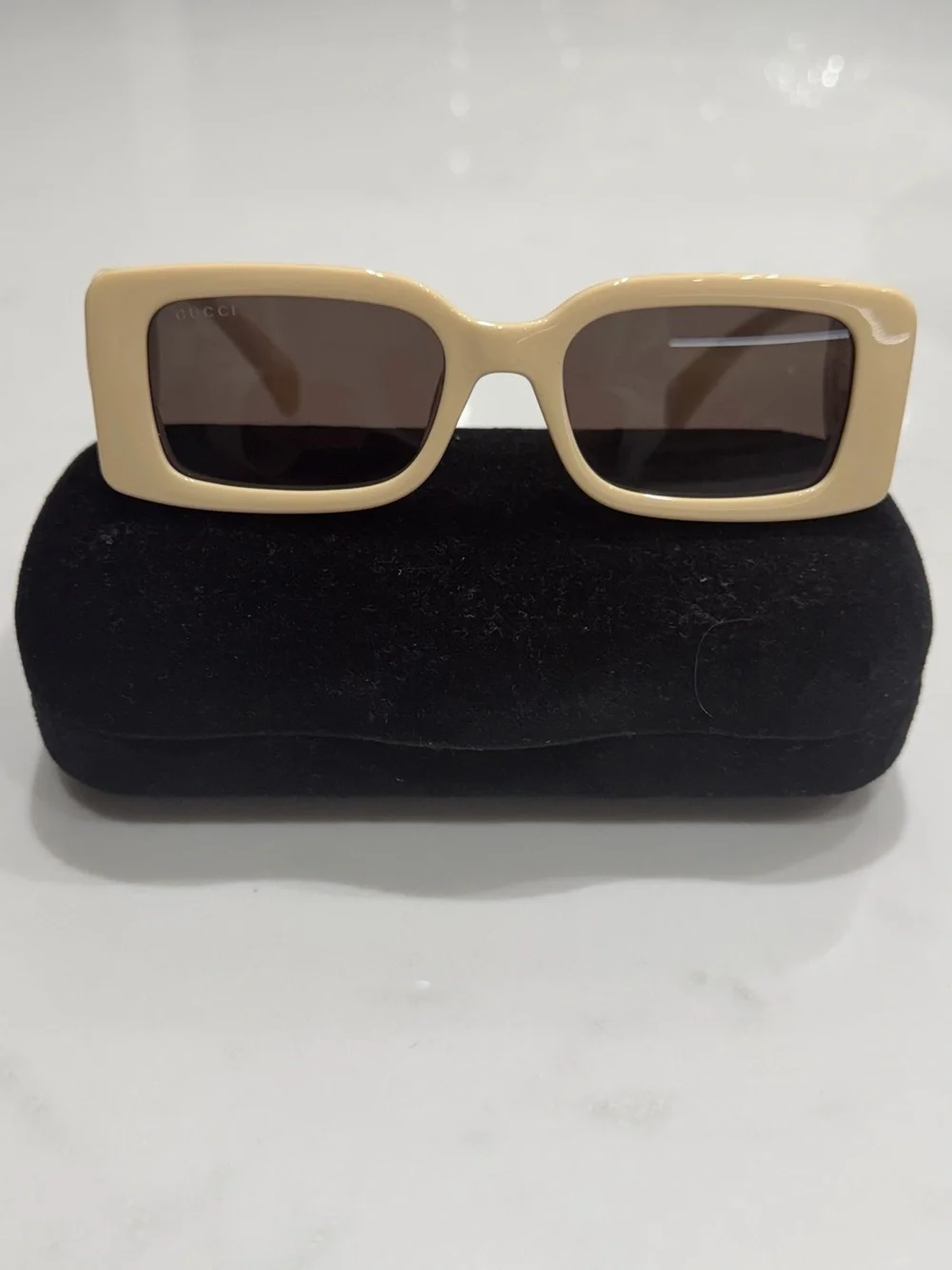 Gucci Cream Rectangular Sunglasses with Brown Lenses